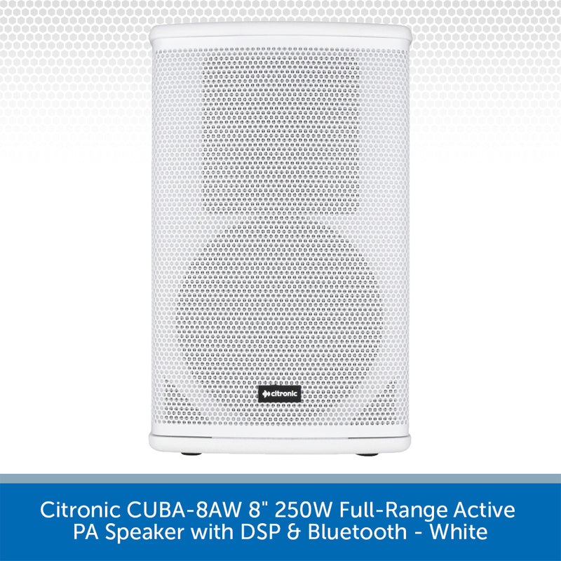 A white Citronic CUBA-8AW 8-inch full-range active PA speaker with DSP and Bluetooth, shown against a white background with a blue text banner at the bottom.
