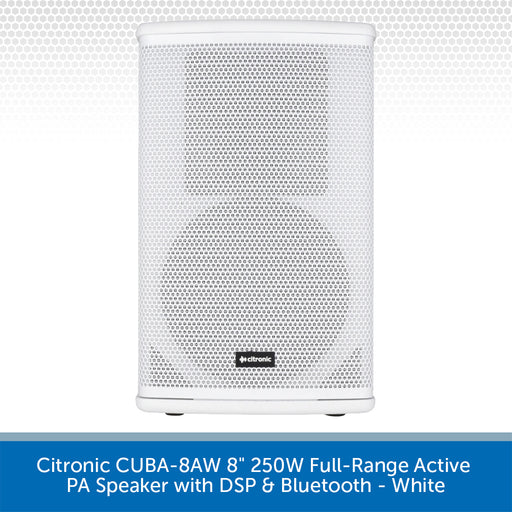 A white Citronic CUBA-8AW 8-inch full-range active PA speaker with DSP and Bluetooth, shown against a white background with a blue text banner at the bottom.