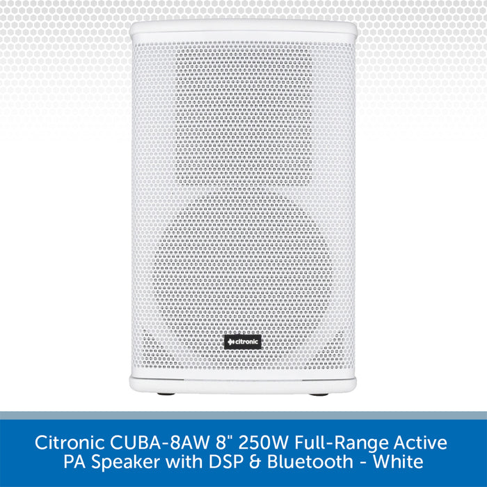 A white Citronic CUBA-8AW 8-inch full-range active PA speaker with DSP and Bluetooth, shown against a white background with a blue text banner at the bottom.