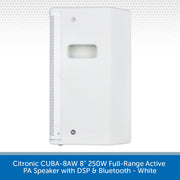 A white Citronic CUBA-8AW 8-inch full-range active PA speaker with DSP and Bluetooth, shown from a three-quarter angle against a white background with a blue text banner at the bottom.