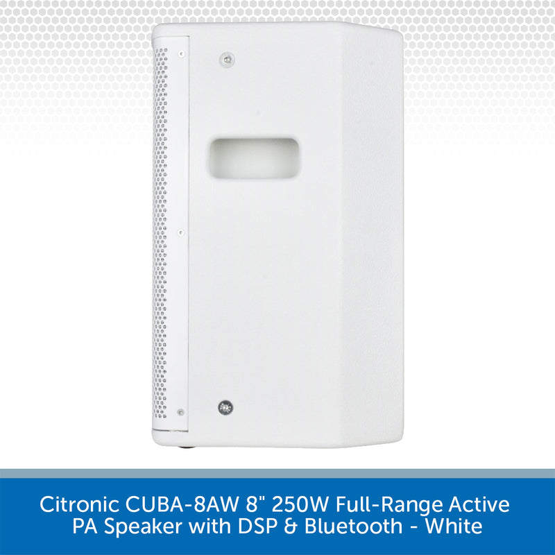 A white Citronic CUBA-8AW 8-inch full-range active PA speaker with DSP and Bluetooth, shown from a three-quarter angle against a white background with a blue text banner at the bottom.