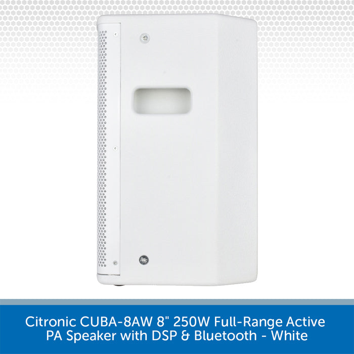A white Citronic CUBA-8AW 8-inch full-range active PA speaker with DSP and Bluetooth, shown from a three-quarter angle against a white background with a blue text banner at the bottom.