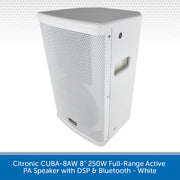 A white Citronic CUBA-8AW 8-inch 250W full-range active PA speaker with DSP and Bluetooth, shown from a three-quarters angle on a white background with a blue text banner at the bottom.