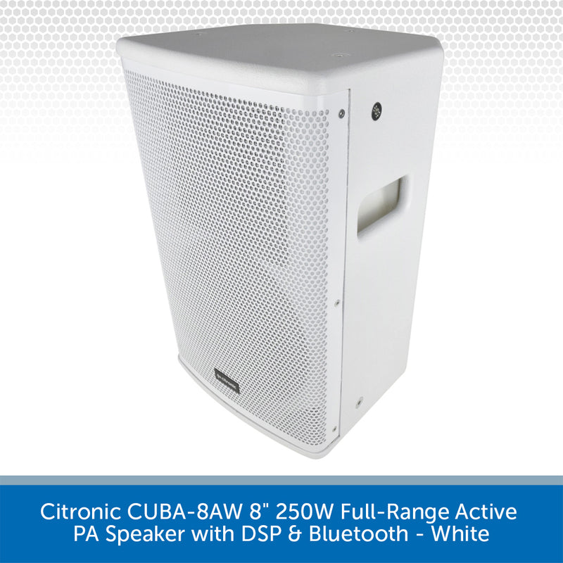 A white Citronic CUBA-8AW 8-inch 250W full-range active PA speaker with DSP and Bluetooth, shown from a three-quarters angle on a white background with a blue text banner at the bottom.