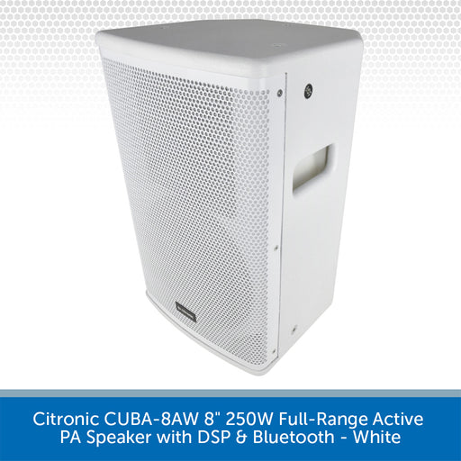 A white Citronic CUBA-8AW 8-inch 250W full-range active PA speaker with DSP and Bluetooth, shown from a three-quarters angle on a white background with a blue text banner at the bottom.