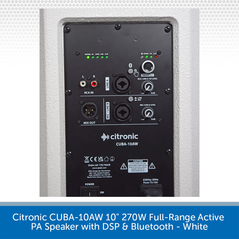 Citronic CUBA-10AW 10 inch 270W full-range active PA speaker rear panel in white, showing input and output jacks, volume controls, and LED indicators.