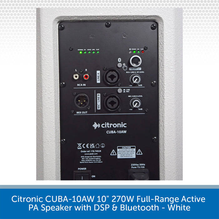 Citronic CUBA-10AW 10 inch 270W full-range active PA speaker rear panel in white, showing input and output jacks, volume controls, and LED indicators.