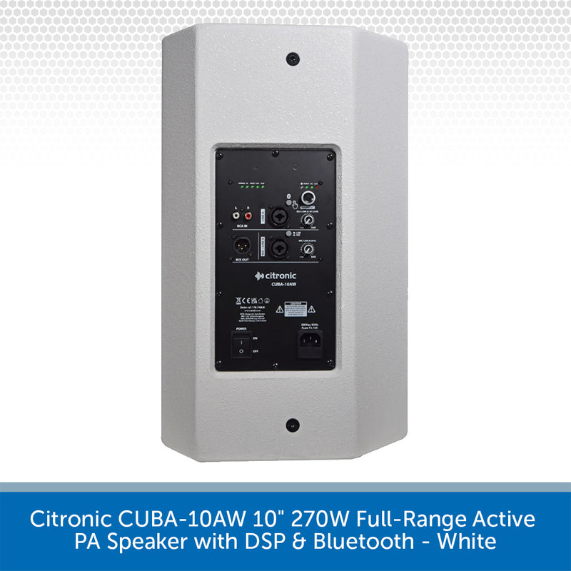 Citronic CUBA-10AW 10-inch 270W full-range active PA speaker in white, showing the rear panel with input and output jacks, power switch, and Citronic branding.