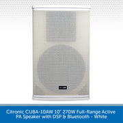 A white Citronic CUBA-10AW 10-inch 270W full-range active PA speaker with DSP and Bluetooth, shown against a white background with a blue text banner at the bottom.