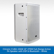 A white Citronic CUBA-10AW 10-inch active PA speaker with DSP and Bluetooth, shown from a three-quarters angle against a white background with a blue text banner at the bottom.