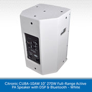A white Citronic CUBA-10AW 10-inch 270W full-range active PA speaker with DSP and Bluetooth, shown from a three-quarters angle against a white background with a blue text banner at the bottom.