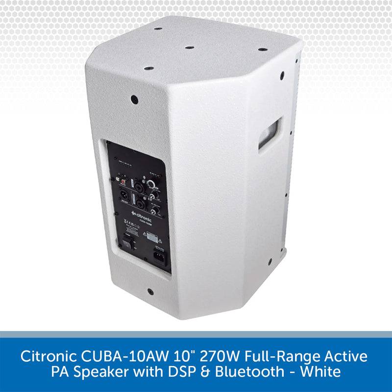 A white Citronic CUBA-10AW 10-inch 270W full-range active PA speaker with DSP and Bluetooth, shown from a three-quarters angle against a white background with a blue text banner at the bottom.