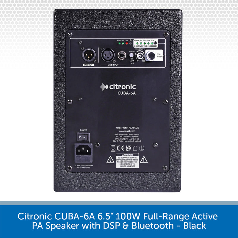 Citronic CUBA-6A 6.5" 100W Full-Range Active PA Speaker with DSP & Bluetooth - Black