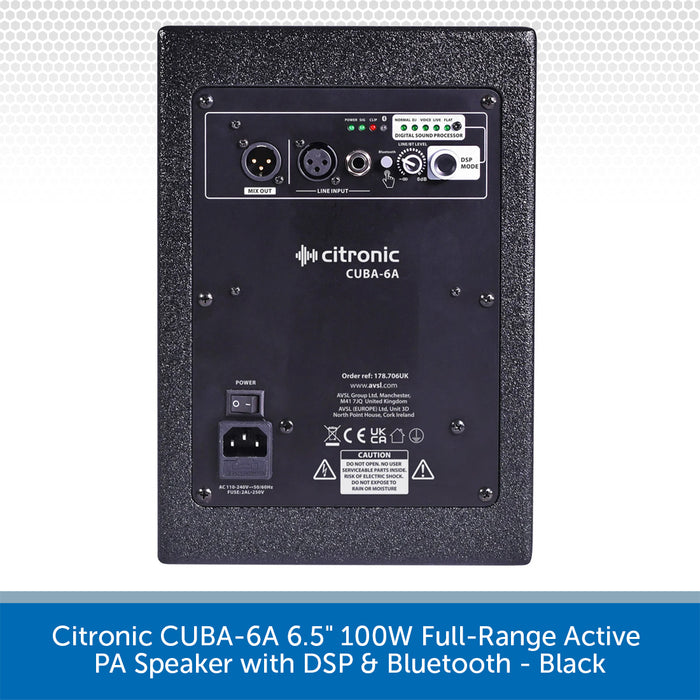 Citronic CUBA-6A 6.5" 100W Full-Range Active PA Speaker with DSP & Bluetooth - Black