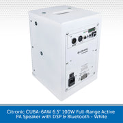 A white Citronic CUBA-6AW 100W full-range active PA speaker shown at a three-quarter angle, displaying its rear panel with various input and output jacks, on a white background with a blue text banner at the bottom.