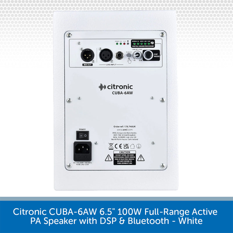 White Citronic CUBA-6AW 100W full-range active PA speaker rear panel with input jacks, power switch, and printed specifications, shown on a light gray patterned background with a blue text banner at the bottom.