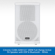 A white Citronic CUBA-6AW 100W full-range active PA speaker with DSP and Bluetooth, shown against a white background with a blue text banner at the bottom.