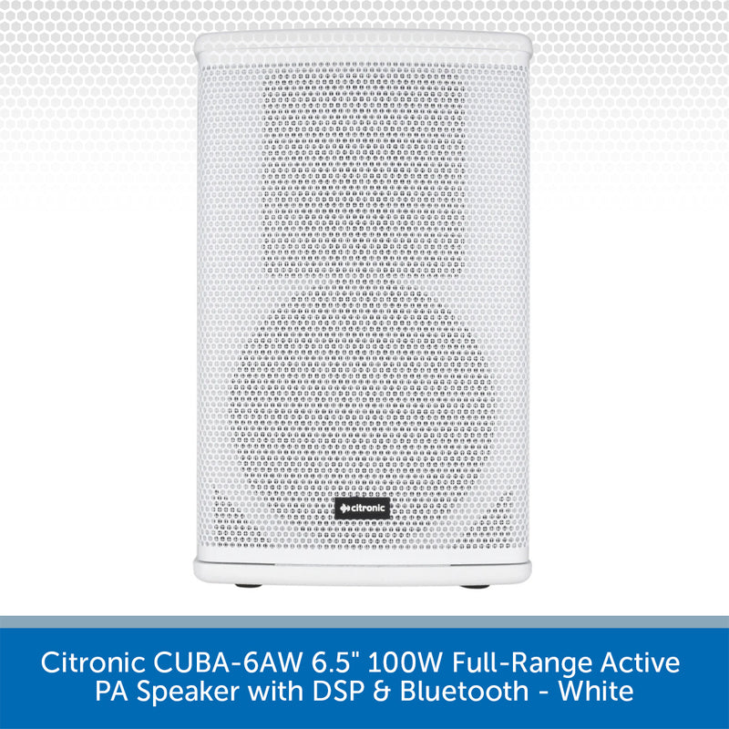 A white Citronic CUBA-6AW 100W full-range active PA speaker with DSP and Bluetooth, shown against a white background with a blue text banner at the bottom.