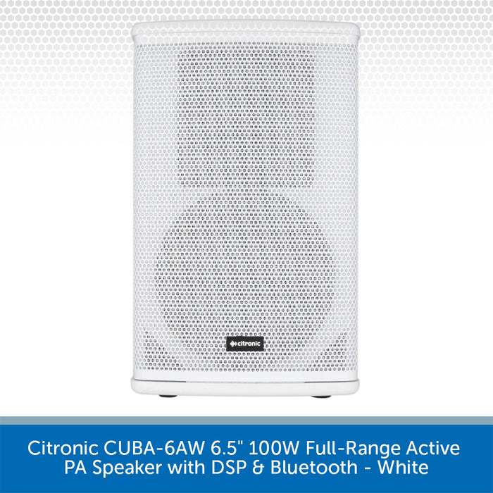 A white Citronic CUBA-6AW 100W full-range active PA speaker with DSP and Bluetooth, shown against a white background with a blue text banner at the bottom.