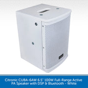 A white Citronic CUBA-6AW 6.5-inch 100W full-range active PA speaker with DSP and Bluetooth, shown from a three-quarters angle on a white background with a blue text banner at the bottom.