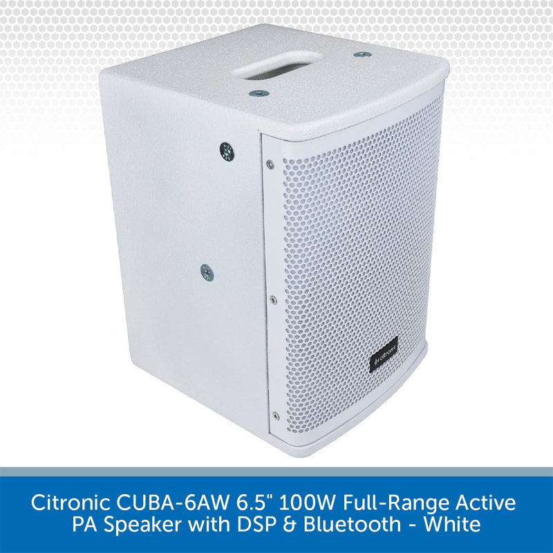 A white Citronic CUBA-6AW 6.5-inch 100W full-range active PA speaker with DSP and Bluetooth, shown from a three-quarters angle on a white background with a blue text banner at the bottom.