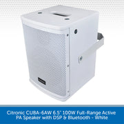 White Citronic CUBA-6AW 6.5 inch 100W full-range active PA speaker with DSP and Bluetooth, featuring a perforated front grille and side handle, shown on a white background with a blue text banner at the bottom.