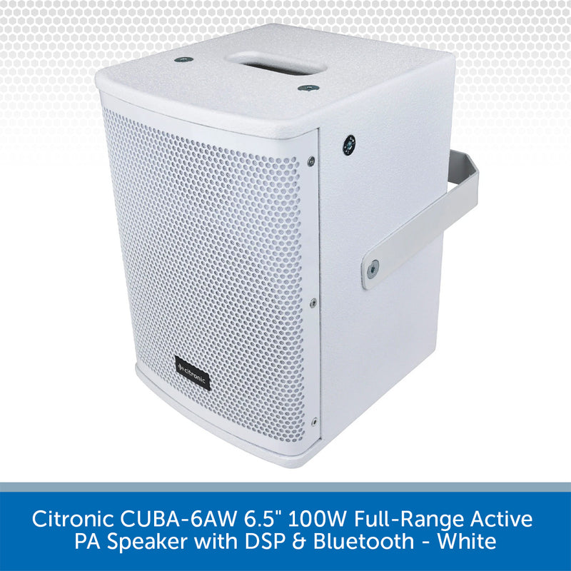 White Citronic CUBA-6AW 6.5 inch 100W full-range active PA speaker with DSP and Bluetooth, featuring a perforated front grille and side handle, shown on a white background with a blue text banner at the bottom.