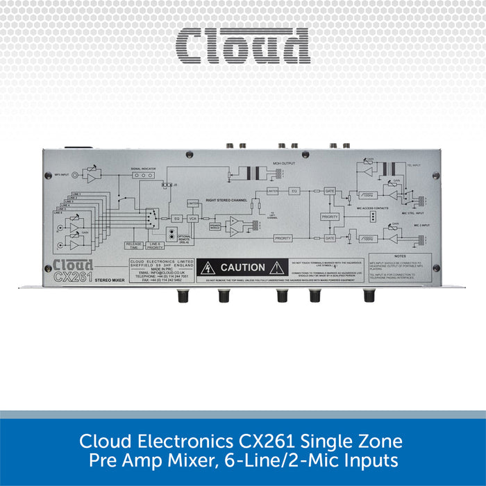 Cloud Electronics CX261 Single Zone Pre Amp Mixer, 6-Line/2-Mic Inputs
