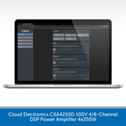 A laptop displaying the Cloud Electronics CXA44250D 100V 4/8-Channel DSP Power Amplifier 4x250W software interface on its screen, set against a white background with a gray patterned header and a blue text banner at the bottom.