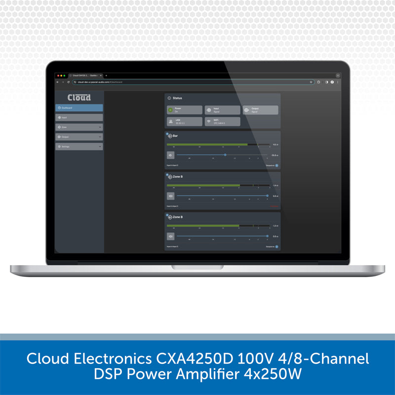 A laptop displaying the Cloud Electronics CXA44250D 100V 4/8-Channel DSP Power Amplifier 4x250W software interface on its screen, set against a white background with a gray patterned header and a blue text banner at the bottom.