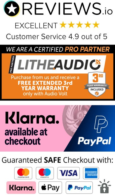 Promotional graphic for LitheAudio with 5-star rating, extended warranty offer, and payment options.