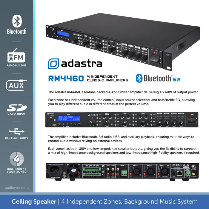 Ceiling Speaker, Background Music System - Bluetooth, FM Radio (4 Independent Zones)