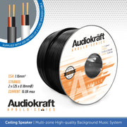 Spool of Audiokraft Apollo Series speaker cable with product details on a white background
