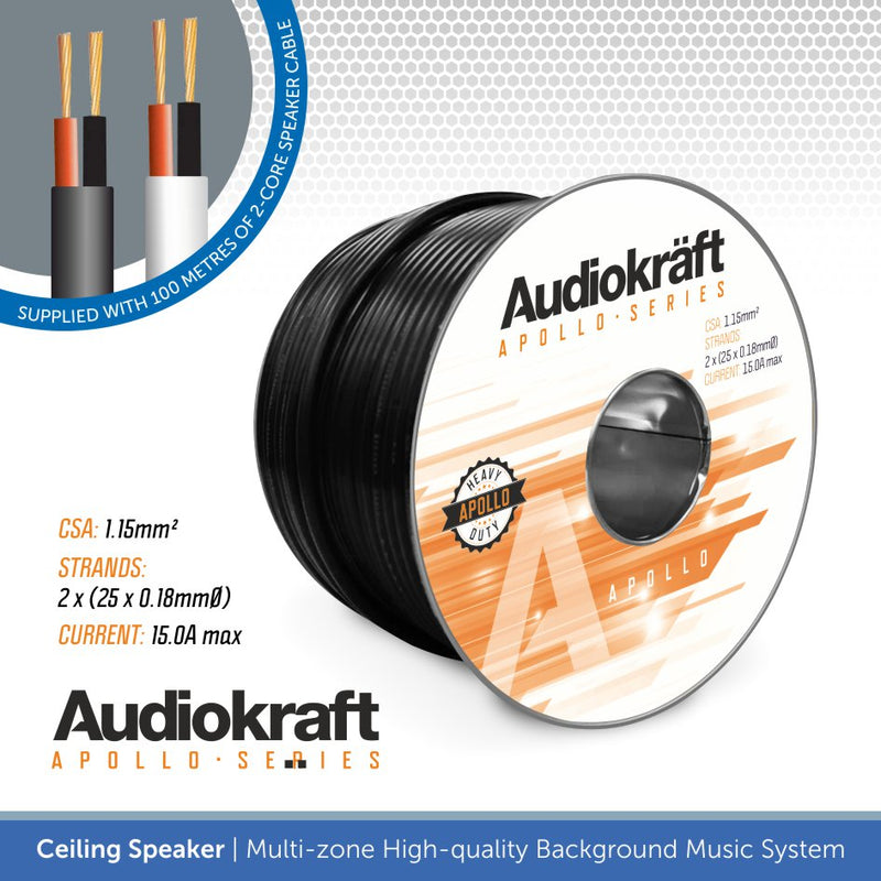 Spool of Audiokraft Apollo Series speaker cable with product details on a white background