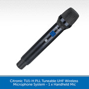 A black Citronic TU1-H handheld wireless microphone shown diagonally on a white background with a gray dotted header and a blue text banner at the bottom describing the product.
