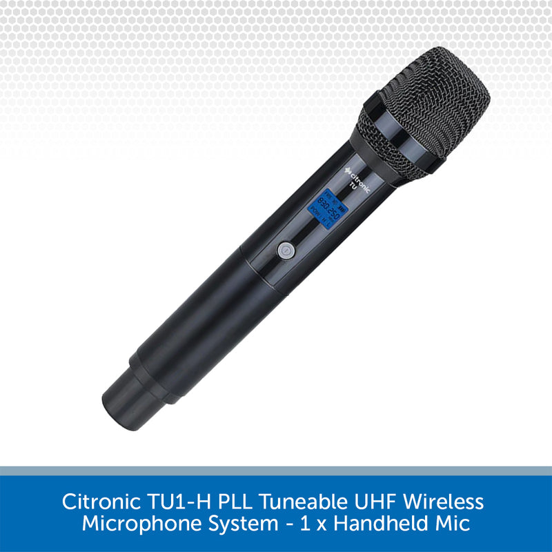 A black Citronic TU1-H handheld wireless microphone shown diagonally on a white background with a gray dotted header and a blue text banner at the bottom describing the product.
