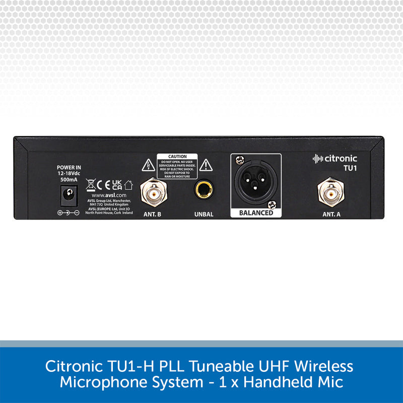 Back panel of Citronic TU1-N PLL Tuneable UHF Wireless Microphone System with various connectors on a white background.