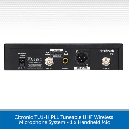 Back panel of Citronic TU1-N PLL Tuneable UHF Wireless Microphone System with various connectors on a white background.