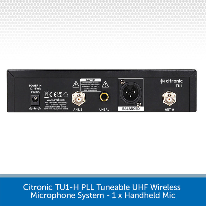 Back panel of Citronic TU1-N PLL Tuneable UHF Wireless Microphone System with various connectors on a white background.