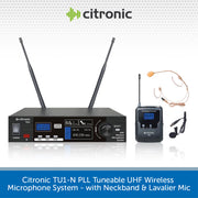 Citronic TU1-N PLL Tuneable UHF Wireless Microphone System with neckband and lavalier mic on a white background.