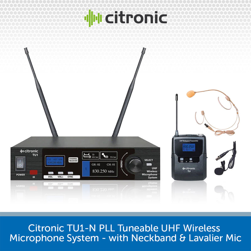 Citronic TU1-N PLL Tuneable UHF Wireless Microphone System with neckband and lavalier mic on a white background.