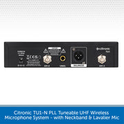 Back panel of Citronic TU1-N PLL Tuneable UHF Wireless Microphone System with various connectors on a white background.