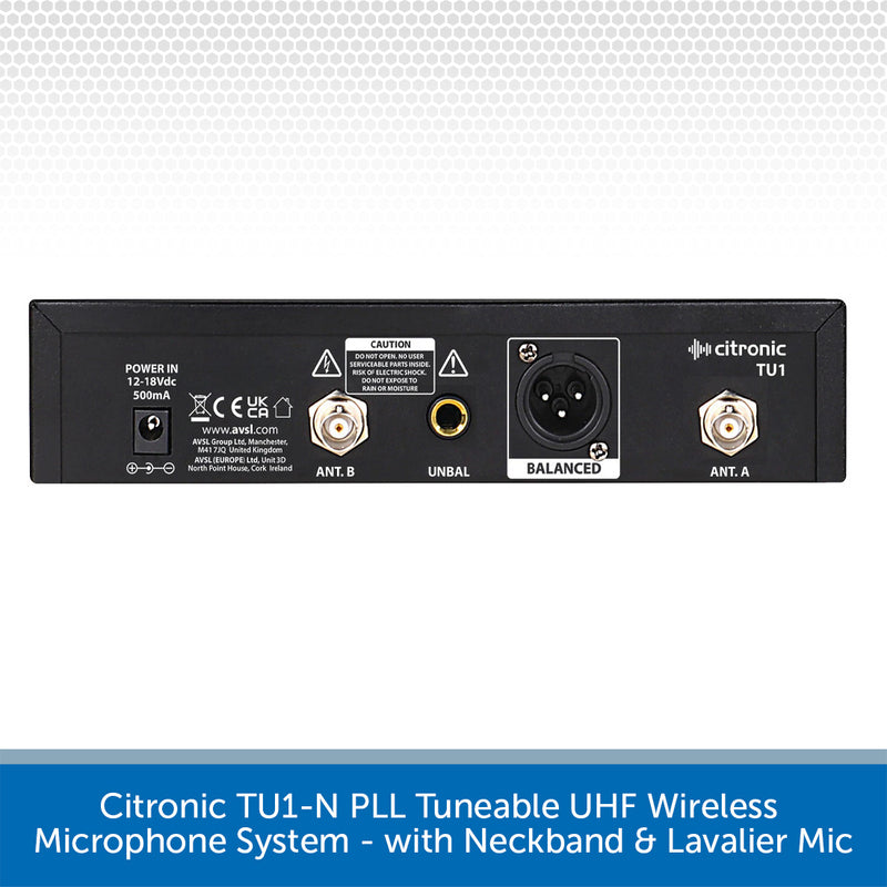 Back panel of Citronic TU1-N PLL Tuneable UHF Wireless Microphone System with various connectors on a white background.