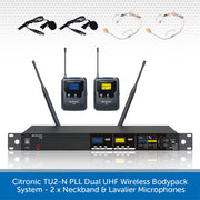 Citronic TU2-N PLL Dual UHF Wireless Bodpack System with two neckband microphones, two lavalier microphones, a receiver, and two handheld transmitters on a white background with a blue text banner at the bottom.