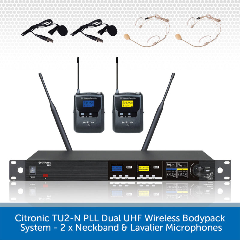 Citronic TU2-N PLL Dual UHF Wireless Bodpack System with two neckband microphones, two lavalier microphones, a receiver, and two handheld transmitters on a white background with a blue text banner at the bottom.
