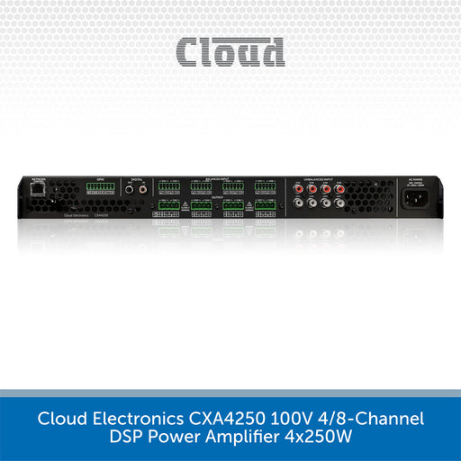 Cloud Electronics CXA4250 100V 4/8-Channel DSP Power Amplifier 4x250W shown from the front on a white background with a blue text banner at the bottom.