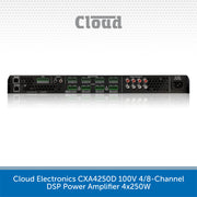 Cloud Electronics CXA4250D 100V 4/8-Channel DSP Power Amplifier 4x250W, shown from the front against a white background with a blue text banner at the bottom.
