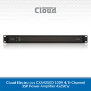 Cloud Electronics CXA4250D 100V 4/8-Channel DSP Power Amplifier 4x250W, shown as a black rack-mount electronic device on a white background with a blue text banner at the bottom.