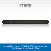 Cloud Electronics CXA4250 100V 4/8-Channel DSP Power Amplifier 4x250W, a black rack-mount power amplifier with indicator lights, shown on a white background with a blue text banner at the bottom.
