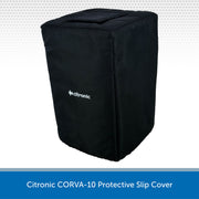 A black protective slip cover for a Citronic CORVA-10 device, shown on a white background with a blue text banner at the bottom.